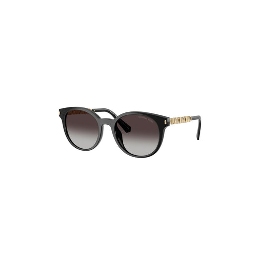 Occhiali da sole Michael Kors donna rotondi neri modello Pienza MK 2264U 30058G con lenti grigie sfumate. Occhiali da sole femminili tondi in iniettato nero e metallo stile luxury chic.