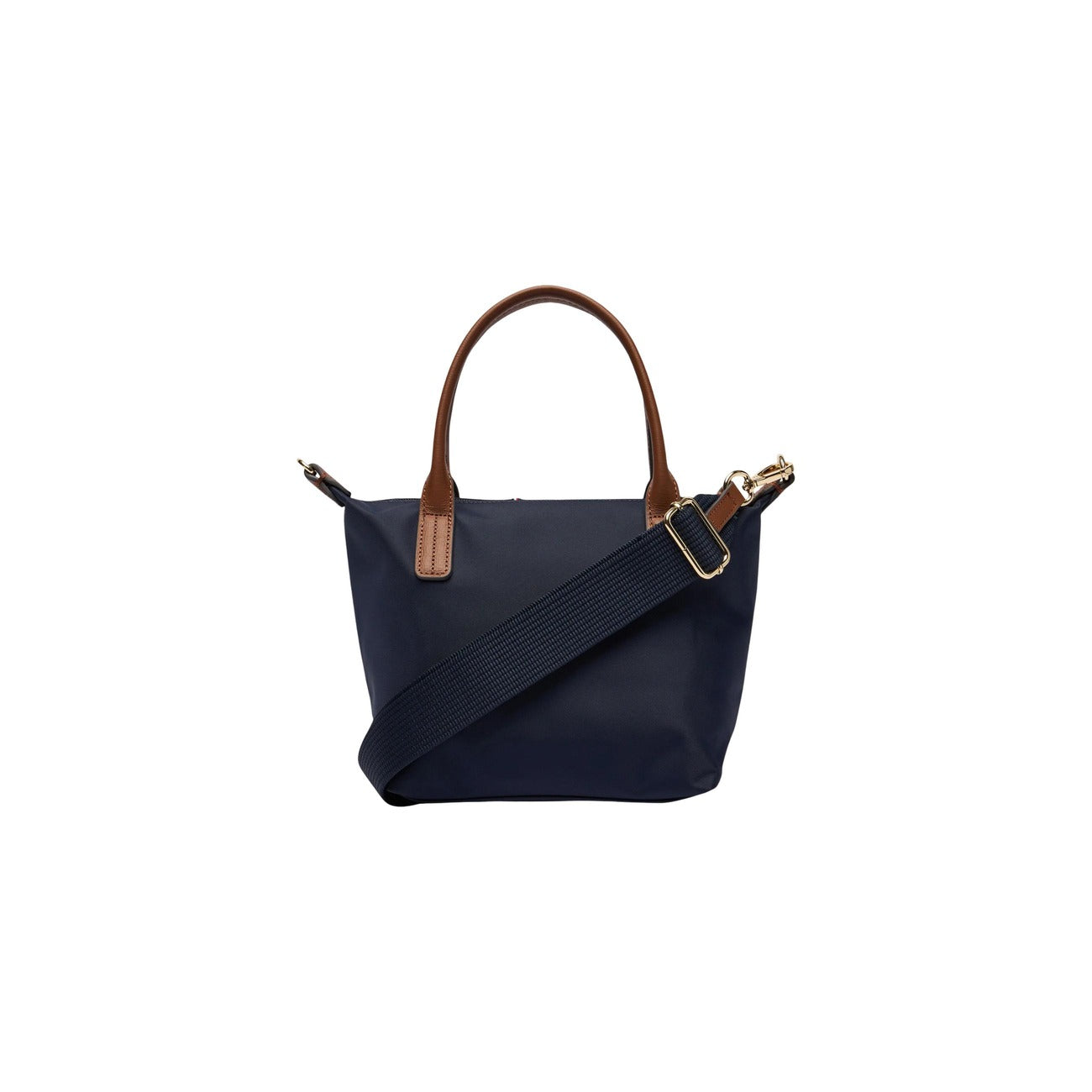 Mini Tote Tommy Hilfiger Blu; Nylon riciclato e Pelle. Chiusura con zip, manici rigidi e tracolla removibile. Dettaglio logo metallico e bande Corporate. Dimensioni 20x11x11 cm. Design iconico e sostenibile. Vista posteriore 