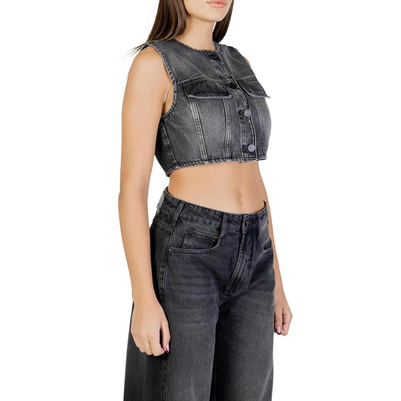 Colcci Top Jeans Donna Nero Bottoni Smanicato Scollo Tondo Cotone 100% Autunno Inverno 050.11.00015