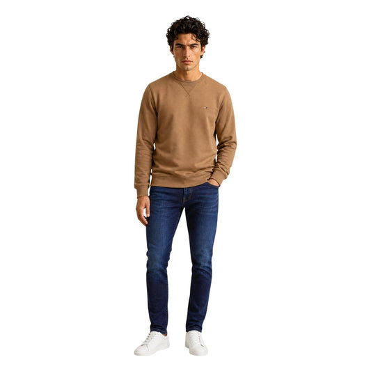 Felpa Tommy Hilfiger uomo girocollo marrone e verde MW0MW40000. Felpa pesante in misto cotone felpato con scollo tondo, finiture a costine e piccolo logo flag Tommy Hilfiger sul petto, abbigliamento casual uomo autunno inverno.