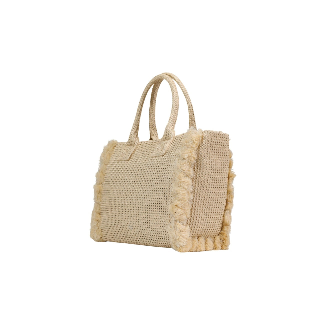 Shopper Pinko Beach Rafia; Texture intrecciata, logo ricamato, dettagli con frange. Borsa grande estiva con manici a spalla. Leggera, capiente e di tendenza. Vista posteriore laterale 