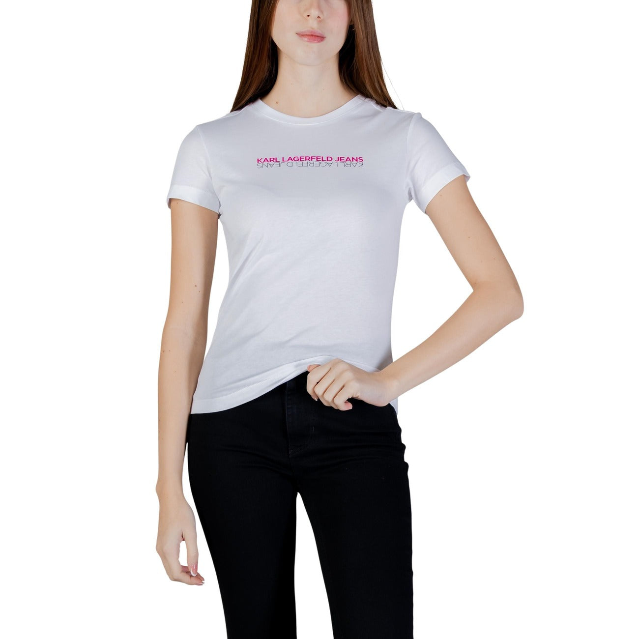 T-shirt donna Karl Lagerfeld Jeans SLIM SS REFLECTION TEE bianca in cotone a maniche corte con grafica logo frontale
