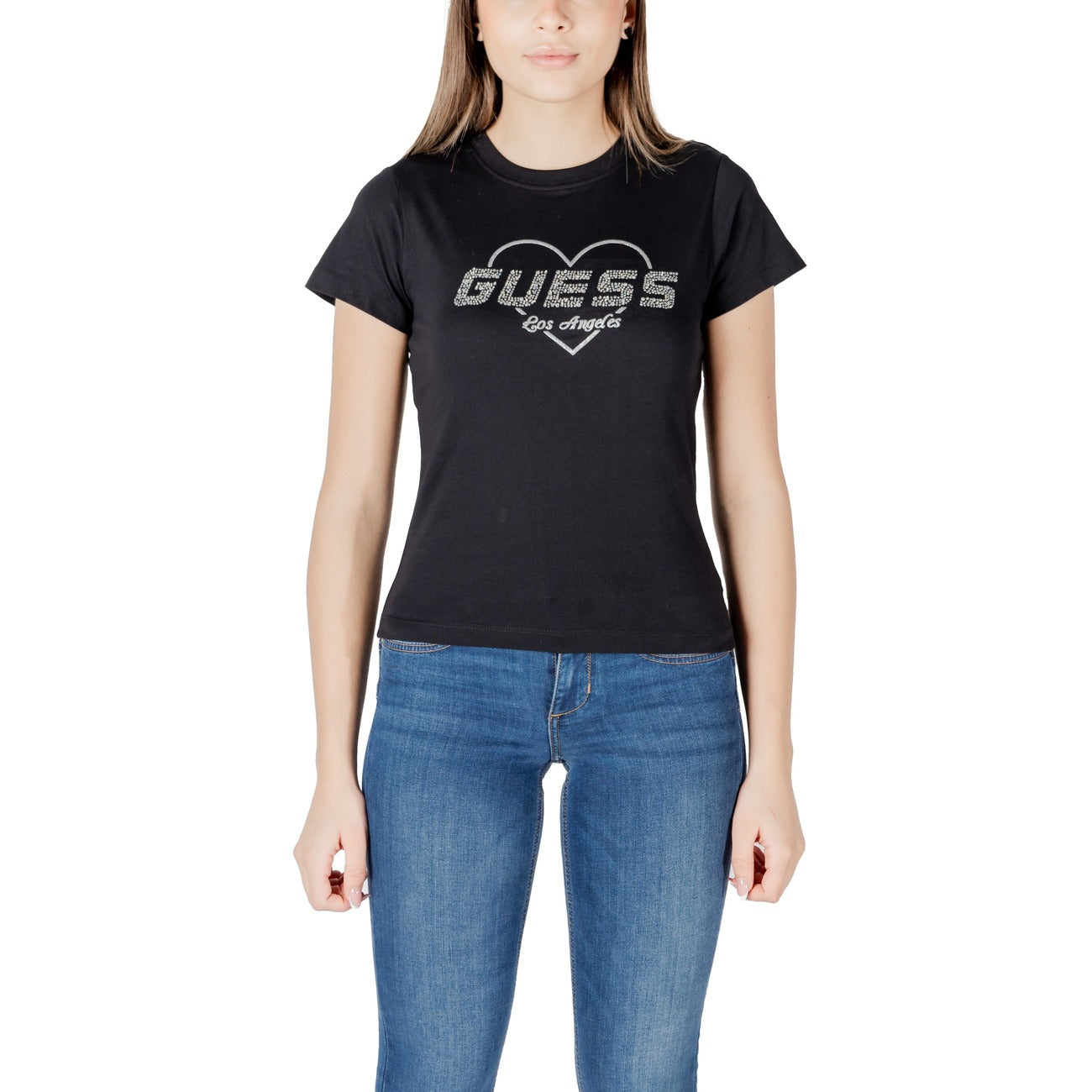 T-shirt Guess Active NARCISO donna nera con stampa strass maniche corte scollo tondo - vista frontale indossata da modello
