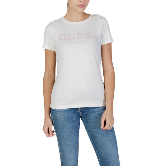 T-shirt Guess Active donna bianca con stampa manica corta scollo tondo 95% cotone 5% elastan - vista frontale indossata da modello
