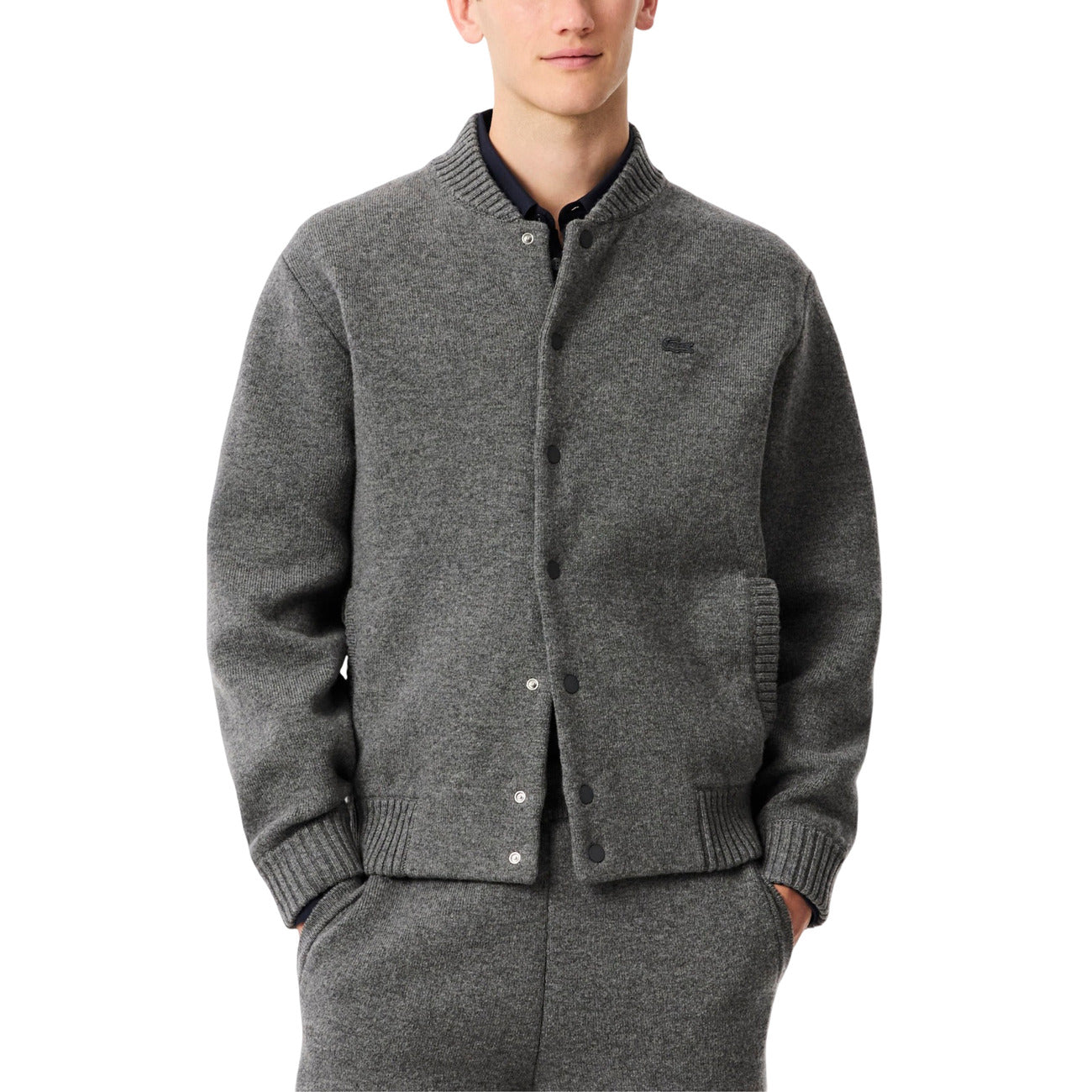 Lacoste Cardigan Donna Grigio con Bottoni Maniche Lunghe Scollo Tondo Tasche Anteriori - Cardigan Lana Poliestere Poliammide