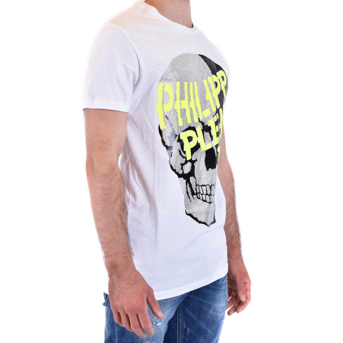 Philipp Plein T-Shirt Uomo Bianca Stampa Manica Corta Scollo Tondo 100% Cotone Primavera/Estate B_41211