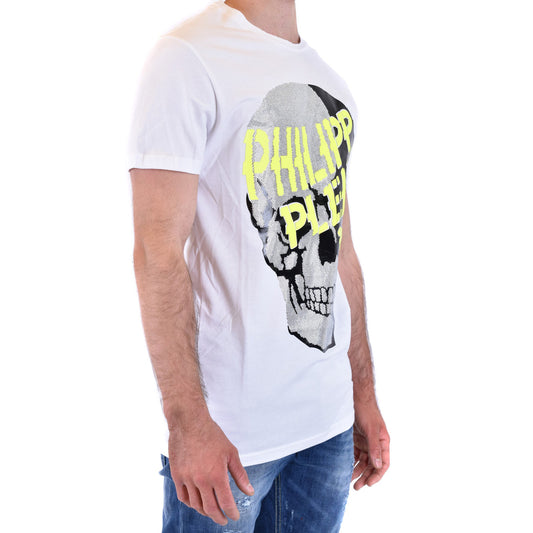 Philipp Plein T-Shirt Uomo Bianca Stampa Manica Corta Scollo Tondo 100% Cotone Primavera/Estate B_41211