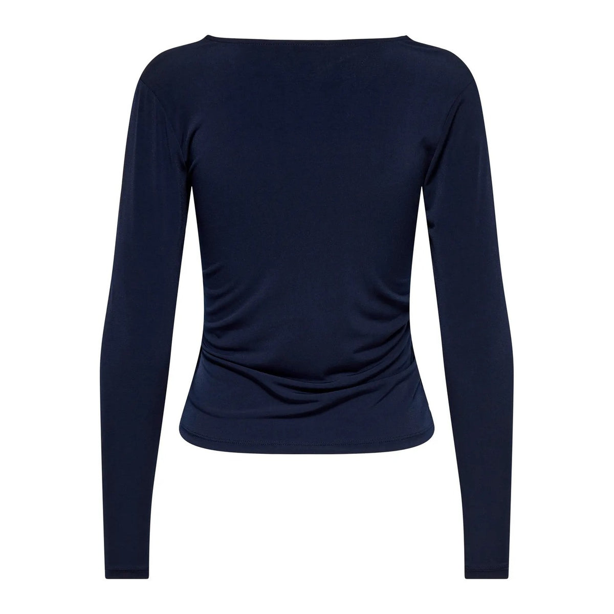 Top scollo V profondo nodo donna Only 15379511. Maglia elegante a maniche lunghe blu e marrone per outfit autunno inverno.