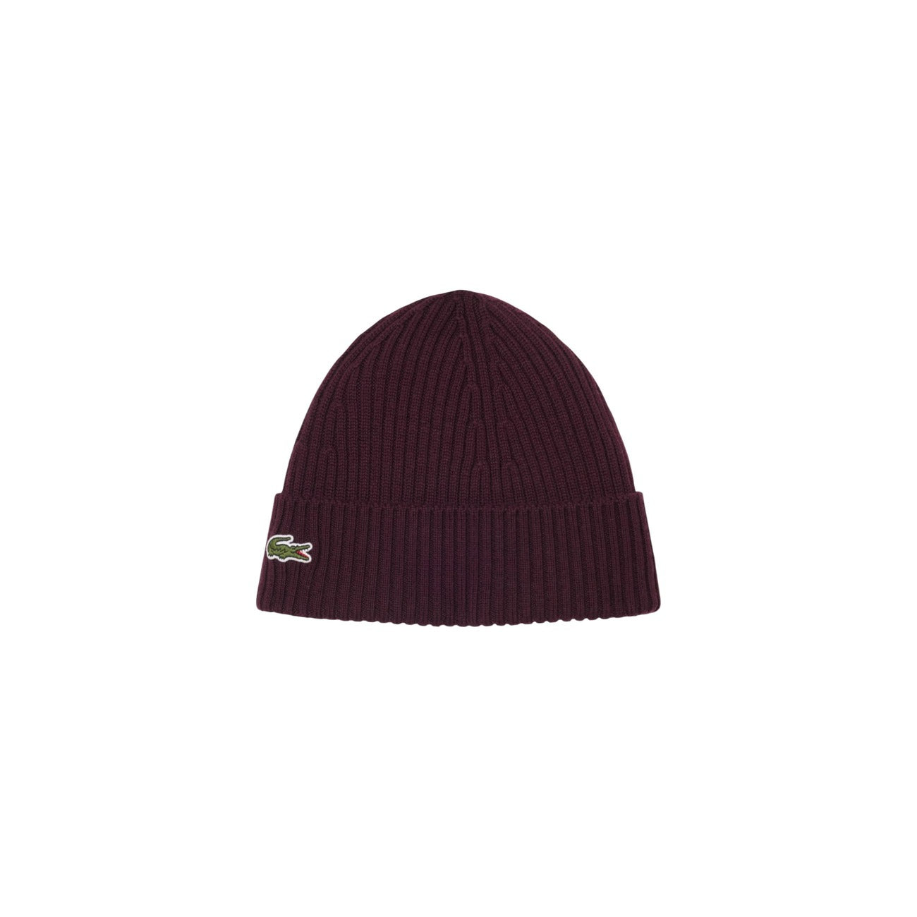 Cappello Lacoste unisex bordeaux in lana a coste. Berretto caldo da uomo e donna con risvolto e logo coccodrillo ricamato, abbigliamento e accessori autunno inverno.