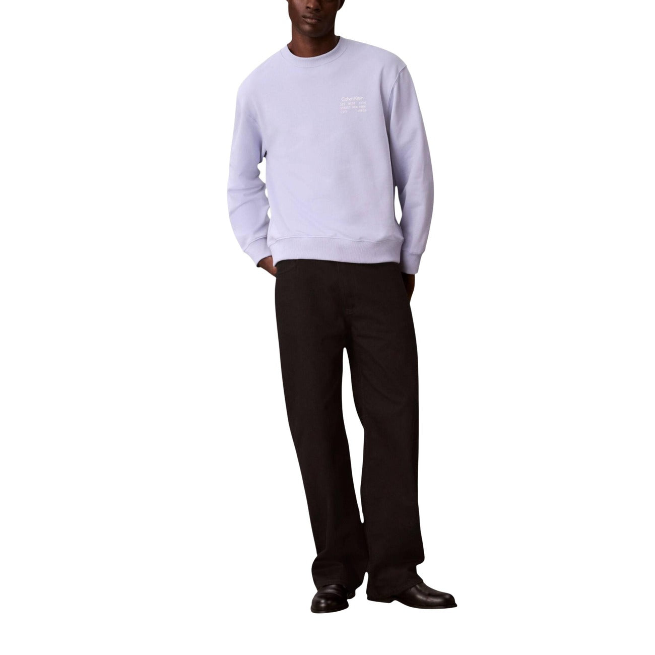 Felpa CK Jeans Girocollo; 100% Cotone. Logo stampato sul petto, finiture a coste, vestibilità regular. Maglia uomo leggera e versatile, perfetta per il layering quotidiano. Colore lilla vista frontale figura intera 