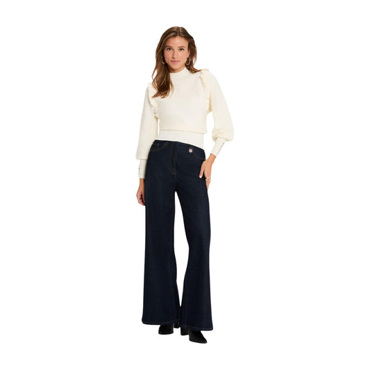 Maglione corto donna Morgan De Toi avorio – Pullover collo alto bon ton con volant e bottoni 222-MGENEV.