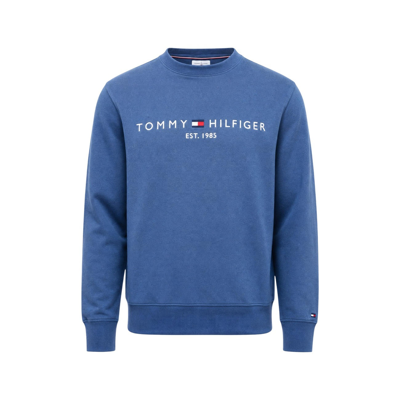 Felpa Tommy Hilfiger uomo girocollo blu Aegean Sea MW0MW11596. Felpa casual in cotone felpato con scollo tondo, finiture a coste, logo stampato sul petto e iconica bandierina sul polsino, abbigliamento uomo autunno inverno.