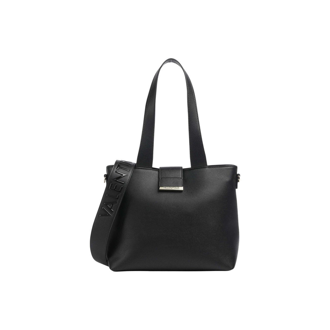 Borsa Shopper Media Nera Donna Valentino Bags Dione; Misure 13x26x13 cm. Tessuto 100% poliuretano goffrato con manici e tracolla ampia rimovibile con scritte logo. Chiusura superiore con zip e hardware dorati, stile elegante 4 stagioni.
