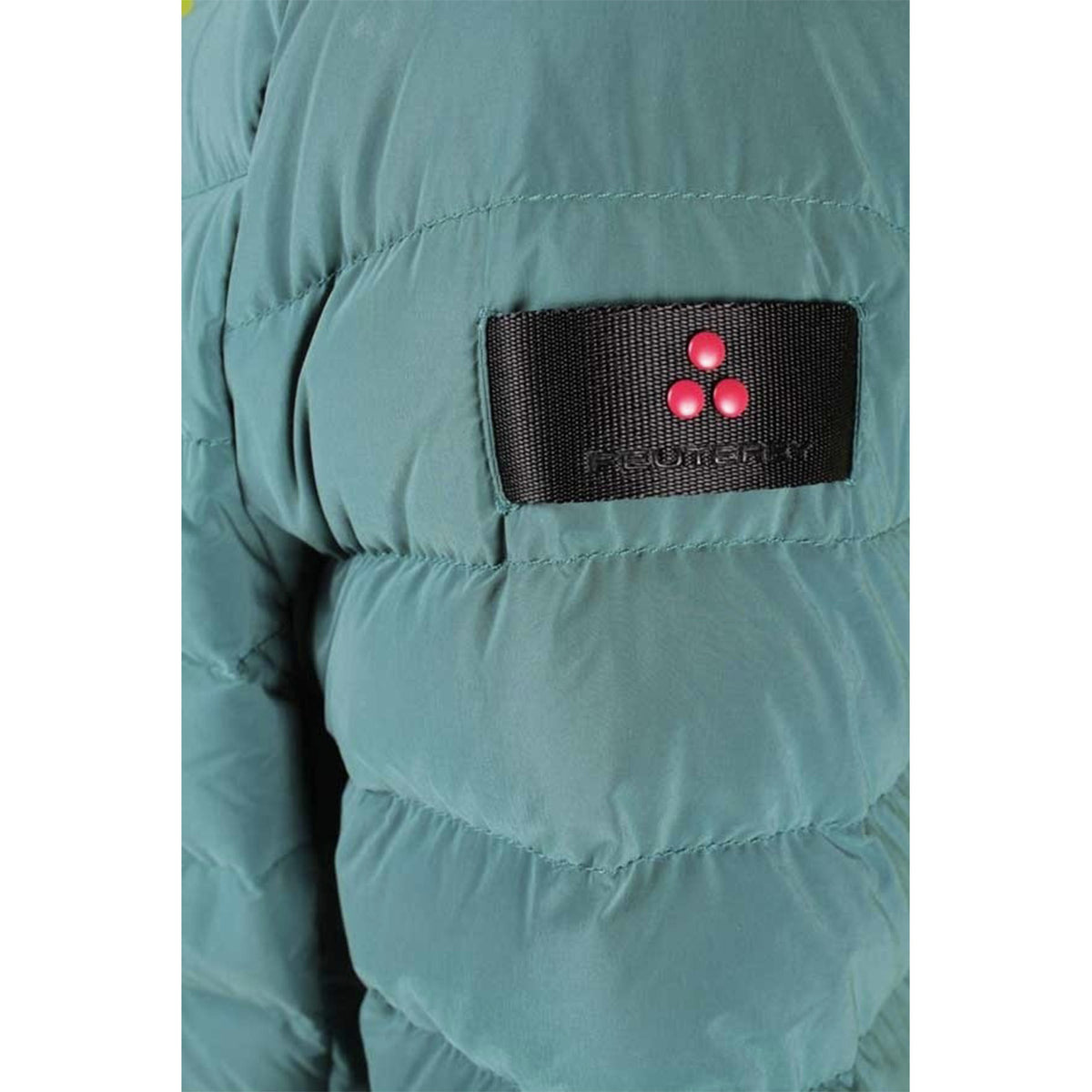 Piumino Peuterey donna turchese BO_1400 con vera pelliccia. Giubbotto invernale sciancrato idrorepellente in piuma d'oca con cappuccio e bordo in pelliccia di volpe, trapuntatura sagomata e zip a 2 vie, abbigliamento donna autunno inverno