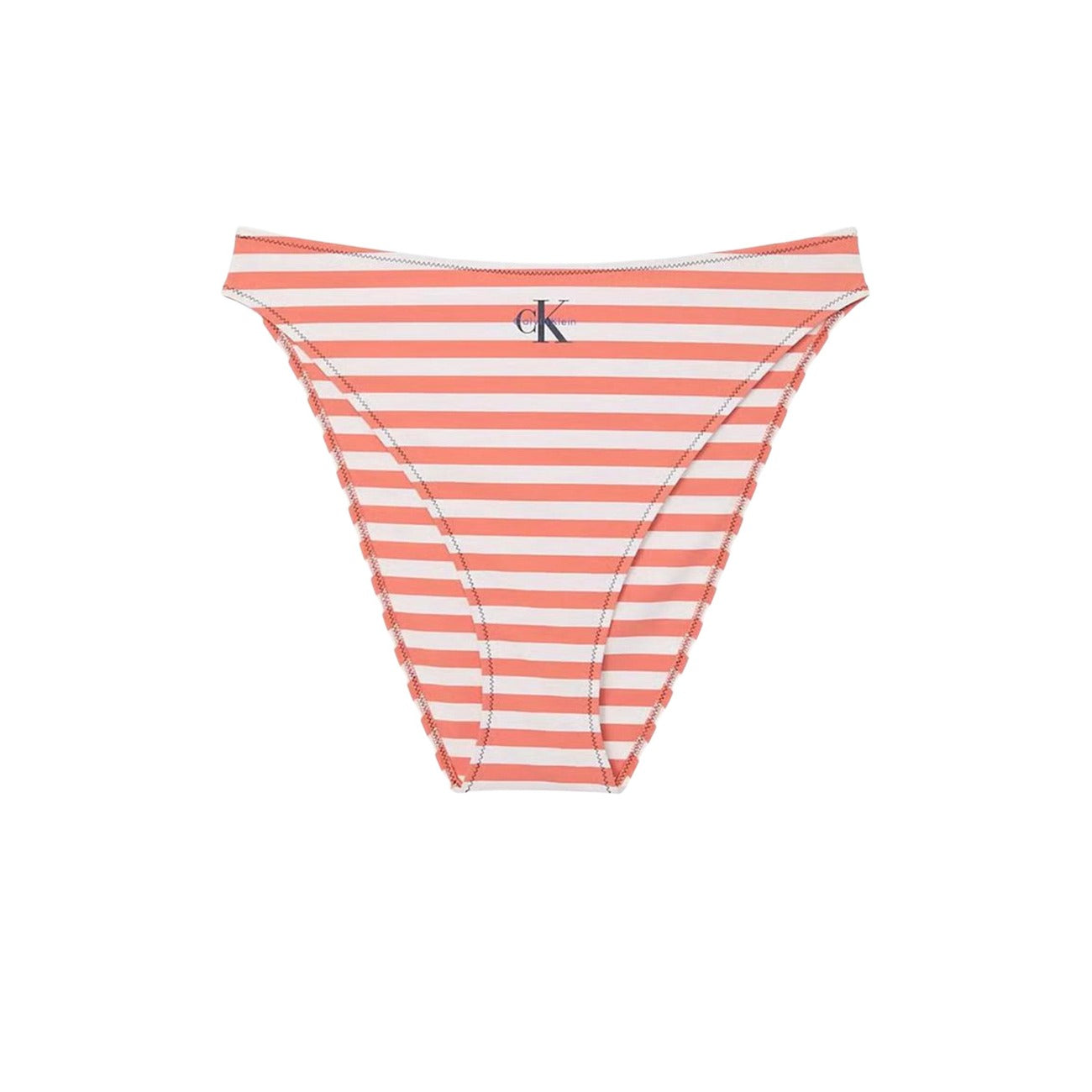 Bikini Arancione CK Jeans; High Leg. Top a fascia, spalline larghe, slip sgambato. Tessuto stretch riciclato, logo CK frontale, asciugatura rapida. Stile audace e sostenibile. Vista stesa 
