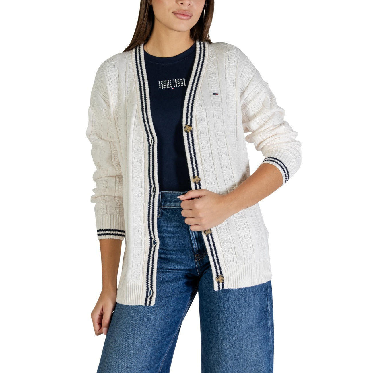 Tommy Hilfiger Jeans Cardigan Donna Bianco Bottoni Maniche Lunghe Scollo V Cotone Organico 100% Primavera Estate DW0DW22026