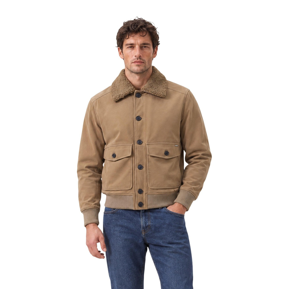 Bomber ecopelle uomo Gianni Lupo – Giubbotto beige con colletto in shearling GL9857.