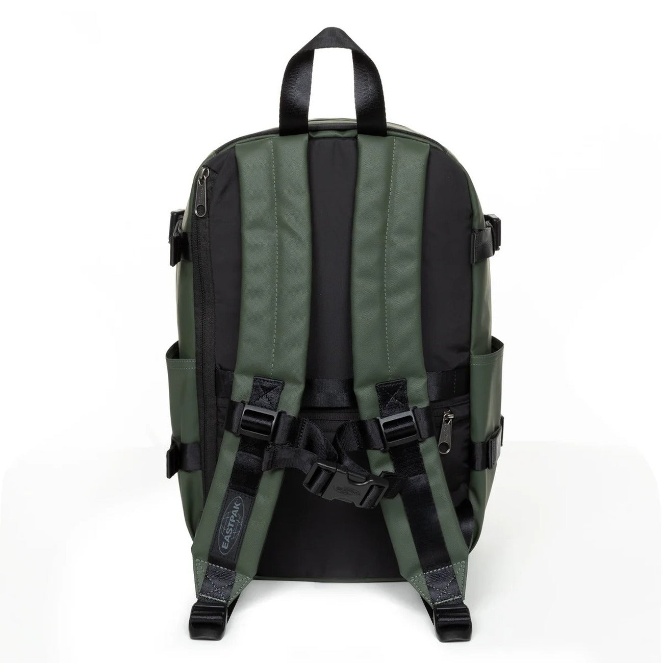 Zaino Medio Verde Eastpak Bagaglio a Mano; 40x25x20 cm. Poliestere idrorepellente, tasca laptop 15" e portaborraccia. Organizer, fascia trolley e dettagli catarifrangenti, vista posteriore 