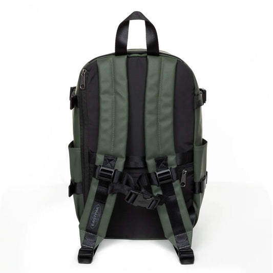 Zaino Medio Verde Eastpak Bagaglio a Mano; 40x25x20 cm. Poliestere idrorepellente, tasca laptop 15" e portaborraccia. Organizer, fascia trolley e dettagli catarifrangenti, vista posteriore 