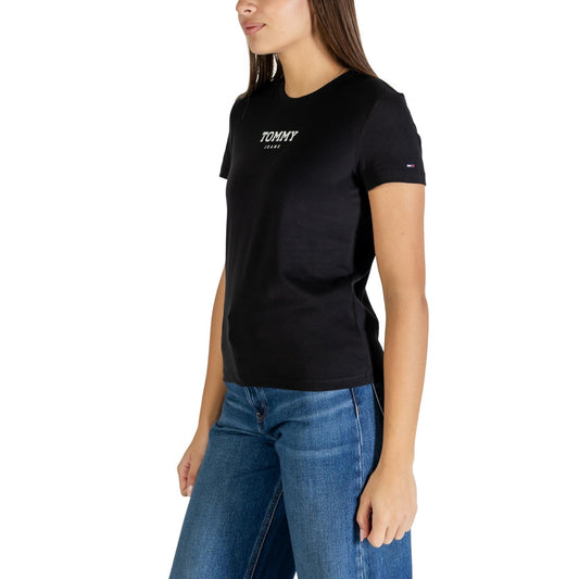 T-shirt donna Tommy Jeans; 100% cotone rigenerato, logo ricamato, maniche corte. Design minimalista e sostenibile. Colore nero. Vista frontale Laterale 