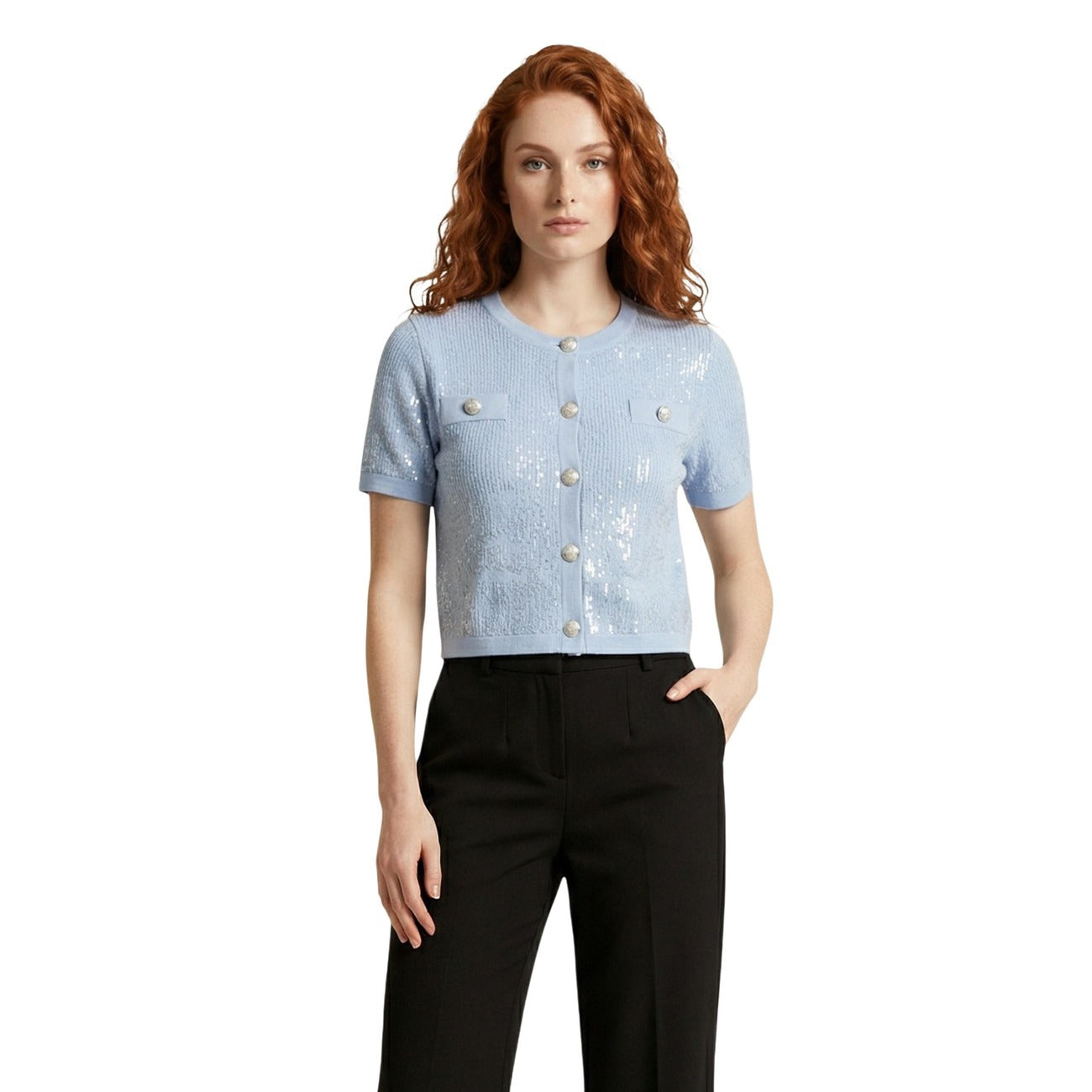 Morgan De Toi 251-MSEKIN Cardigan Azzurro; viscosa eco-friendly, bottoni gioiello, taglio corto. L'essenziale chic e luminoso per la mezza stagione.