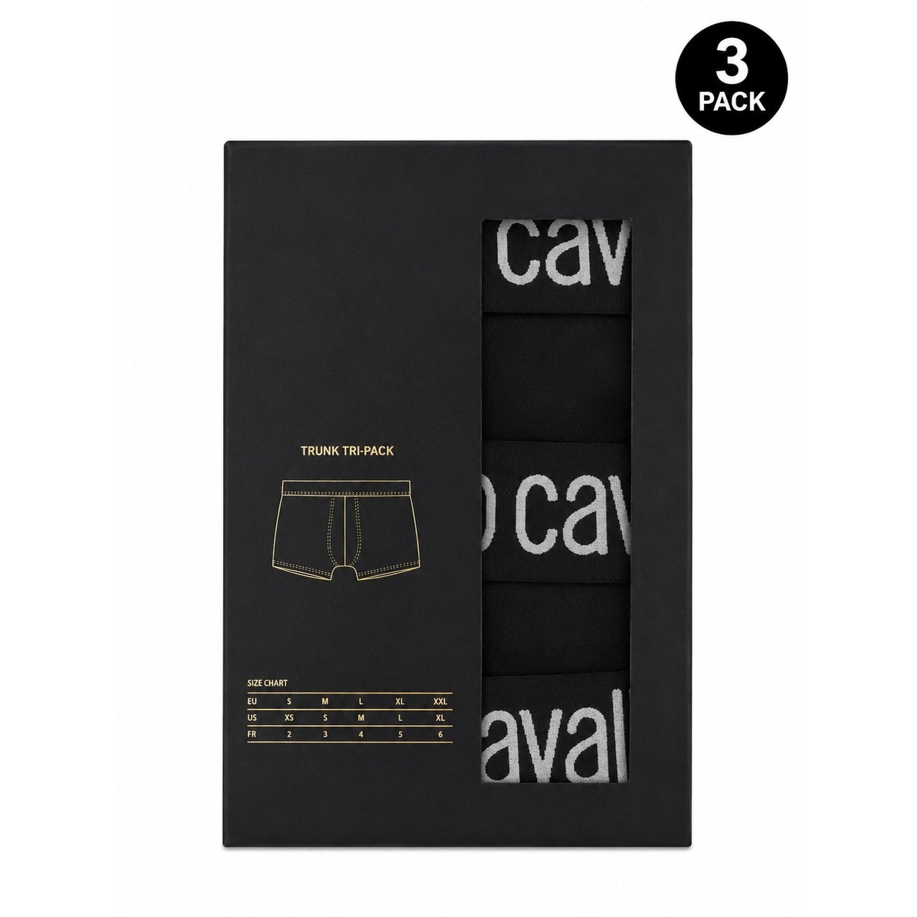 Set 3 Boxer Uomo Nero Roberto Cavalli Underwear; Tessuto 95% cotone e 5% elastan con banda elastica e scritte logo in vita. Taglio aderente comfort 4 stagioni. Vista frontale Con scatola 
