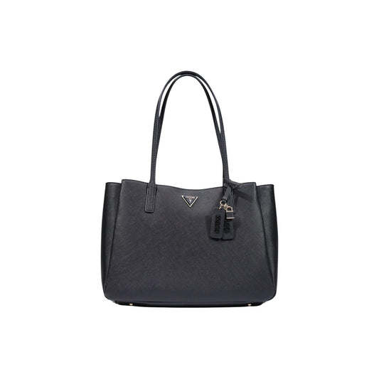 Borsa Guess nera Bramina Small Satchel HWZG96 72260. Borsa a mano e a spalla capiente da donna in ecopelle nera colour blocking con logo a triangolo Guess, doppi manici, ciondoli charm e chiusura zip, borsa lavoro e quotidiana 4 stagioni.