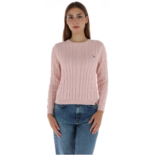 Maglione rosa chiaro donna a trecce Superdry W6110801A Pale Pink. Pullover girocollo invernale in cotone biologico con bordi a costine e logo SD&CO.