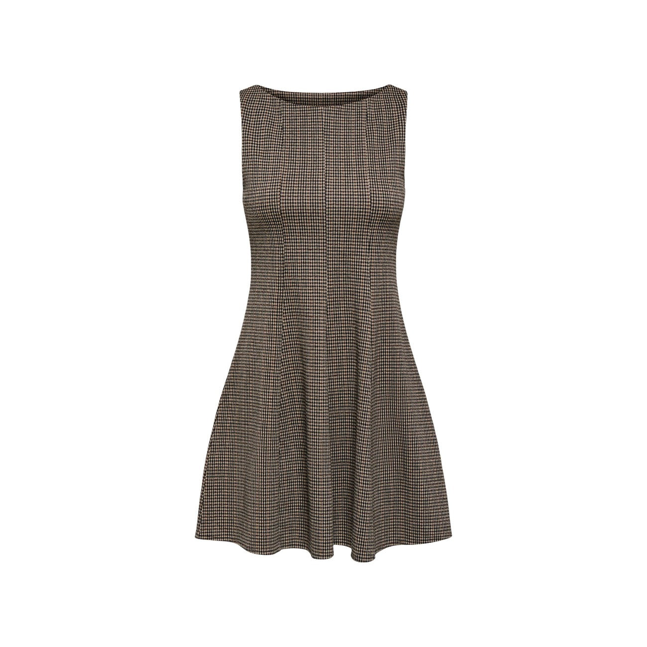 Abito corto nero donna Only Onlazura 15380636. Mini dress smanicato casual chic a quadri in poliestere riciclato ed elastan con punto vita strutturato.