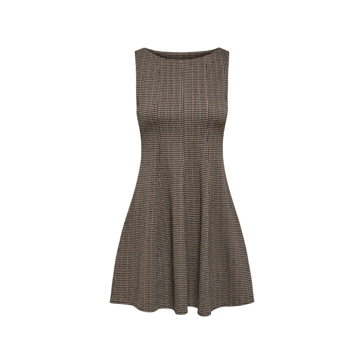 Abito corto nero donna Only Onlazura 15380636. Mini dress smanicato casual chic a quadri in poliestere riciclato ed elastan con punto vita strutturato.