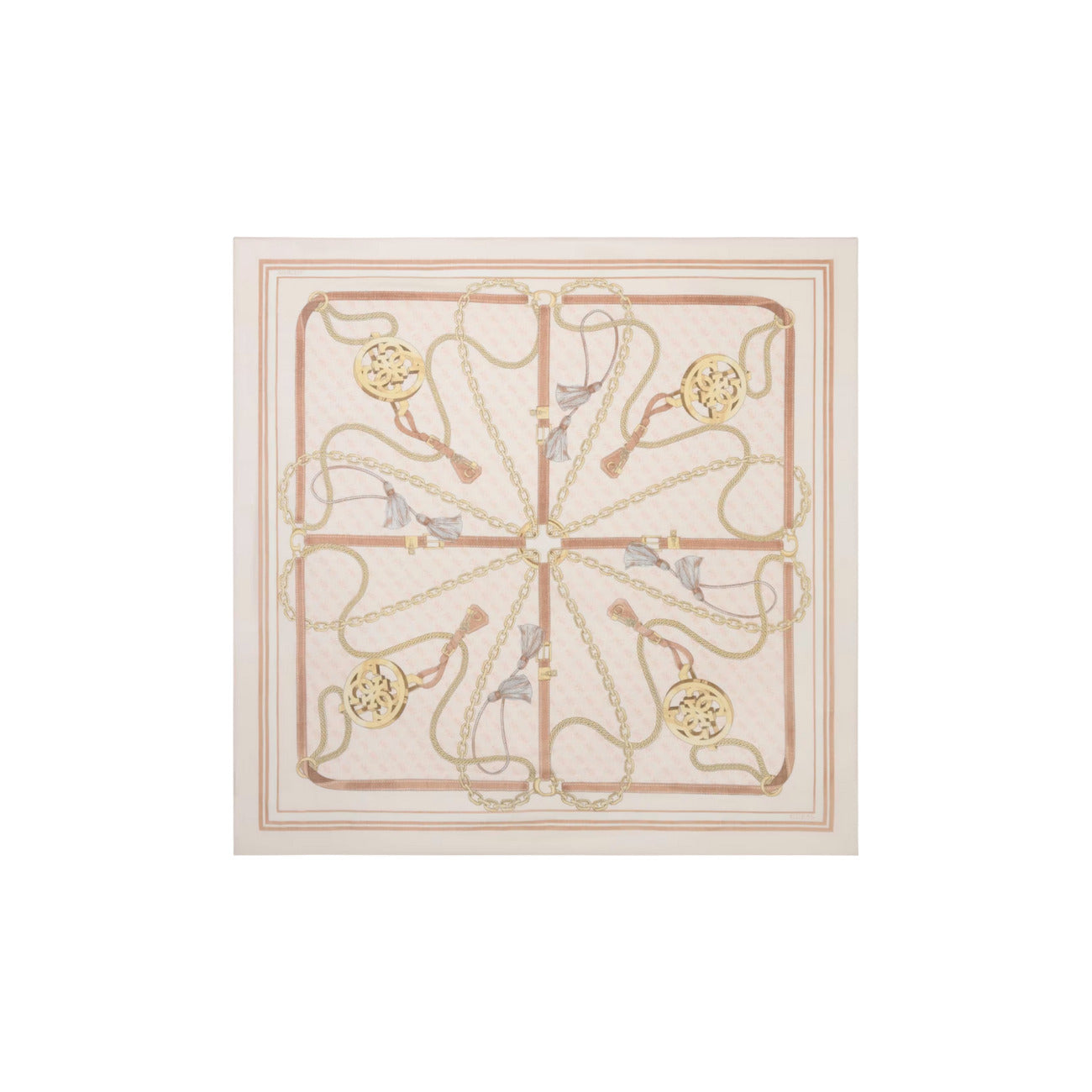 Foulard Leggero Donna Guess Printed Kefiah; Tessuto 100% poliestere morbido. Fantasia con motivo a catene stile luxury e logo Guess sugli angoli. Design versatile quattro stagioni per collo, borse o capelli. Bianco beige 