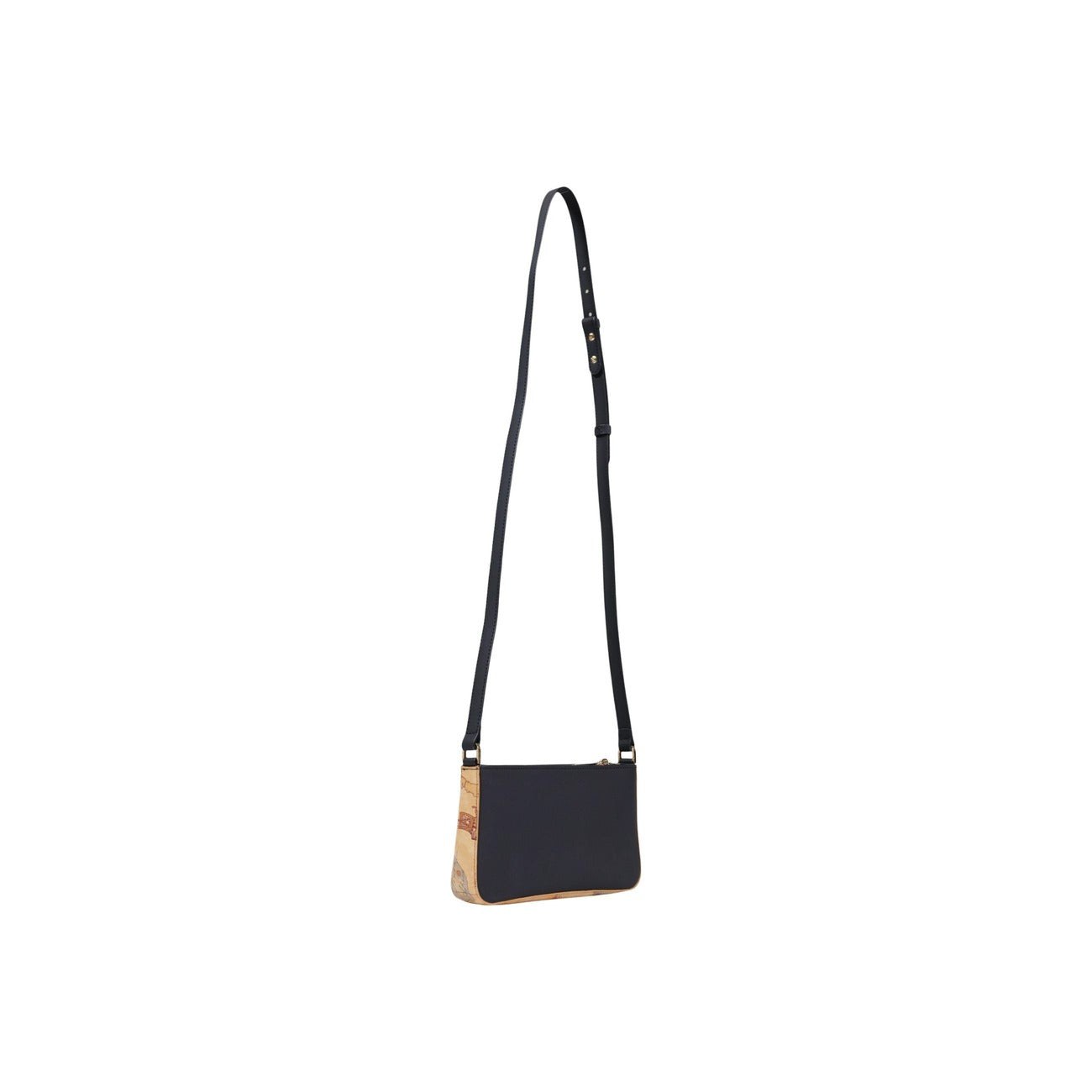 Borsa Tracolla Alviero Martini Nera; Dettagli stampa Geo Classic. Chiusura con zip, tracolla regolabile, design bicolore. Dimensioni mini 15x6x6 cm. Accessorio versatile 4 stagioni in stile casual-chic.Vista posteriore con tracolla 