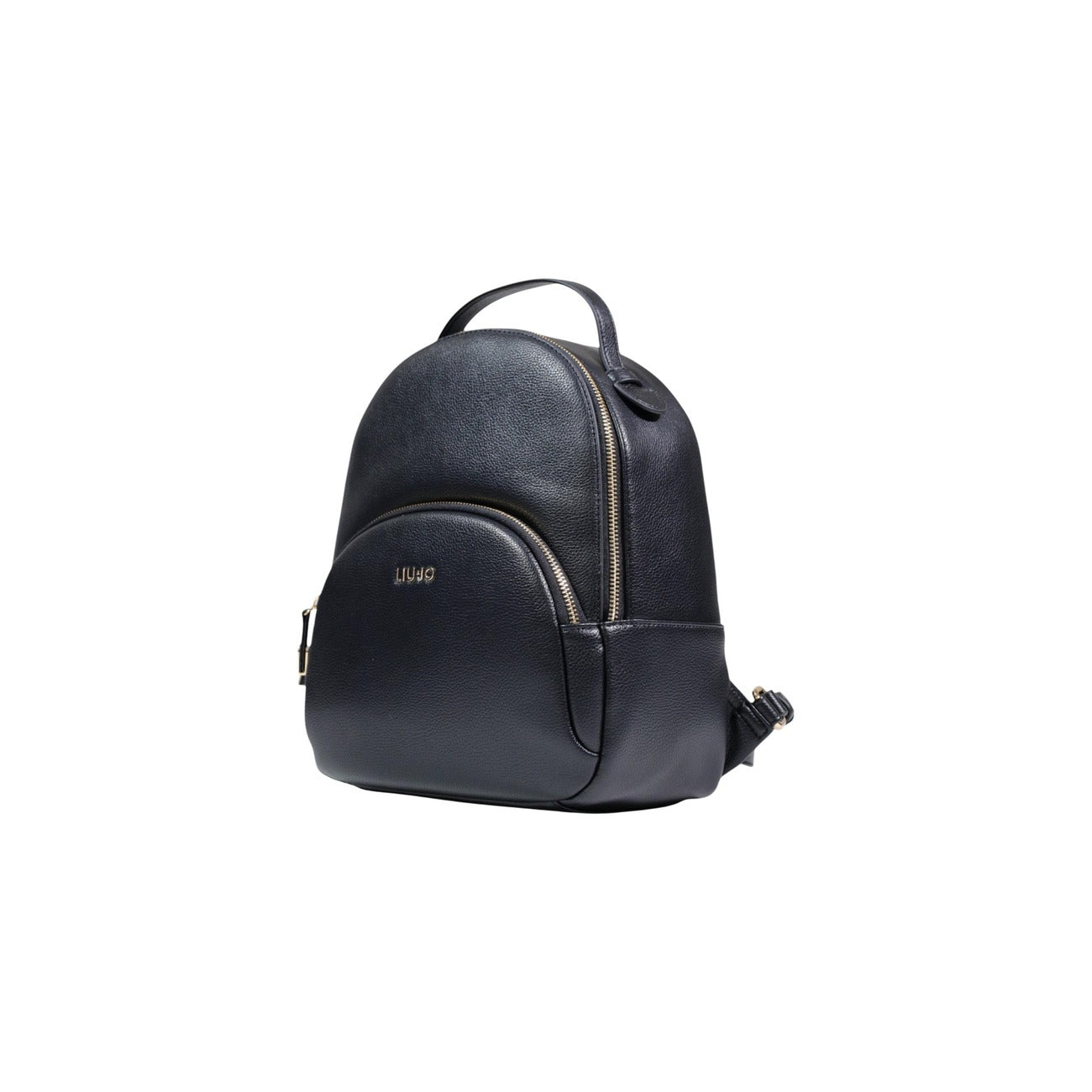 Liu Jo Backpack ECS; zaino nero in similpelle con tasca frontale zippata e logo applicato. Spallacci sottili ed eleganti, perfetto per outfit urban-chic contemporanei. Vista frontale Laterale 