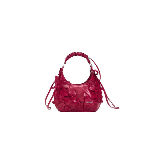 Borsa Desigual donna fucsia e rossa modello BAG_NEXUS BIRA R. Borsa a mano piccola e clutch in ecopelle fucsia accesa con volant arricciati, manico intrecciato, fiocchi laterali e tracolla rimovibile, borsa elegante e glamour da sera o cerimonia.