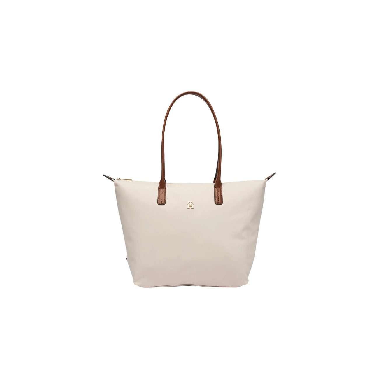 Borsa Tommy Hilfiger Popette Tote; 50% Nylon, 50% Pelle. Colore bianco, chiusura con zip, manici a contrasto. Capienza 18 l (51x32x14 cm). Borsa grande versatile ed elegante per ogni occasione. Vista frontale 