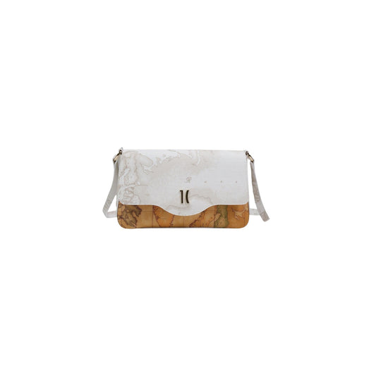 Tracolla Alviero Martini Prima Classe Geo White; 58% PVC, 34% Cotone. Design compatto, chiusura a zip, metalleria dorata. Borsa piccola donna, stile iconico e versatile 4 stagioni. Vista frontale 