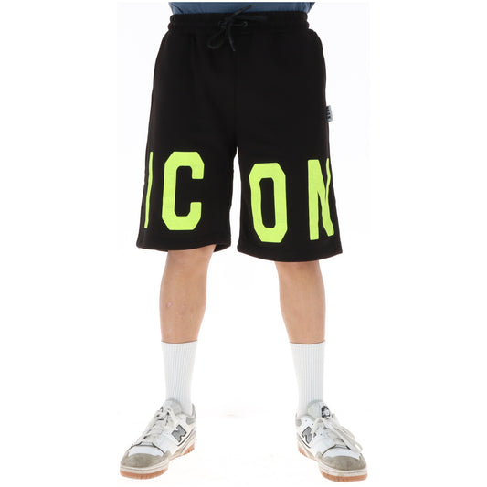 Bermuda ICON Neon Logo; 87% Cotone, 13% Poliestere. Nero con stampa giallo fluo, logo spezzato, vita con lacci. Short uomo streetwear energici e traspiranti, Made in Italy. Vista frontale 