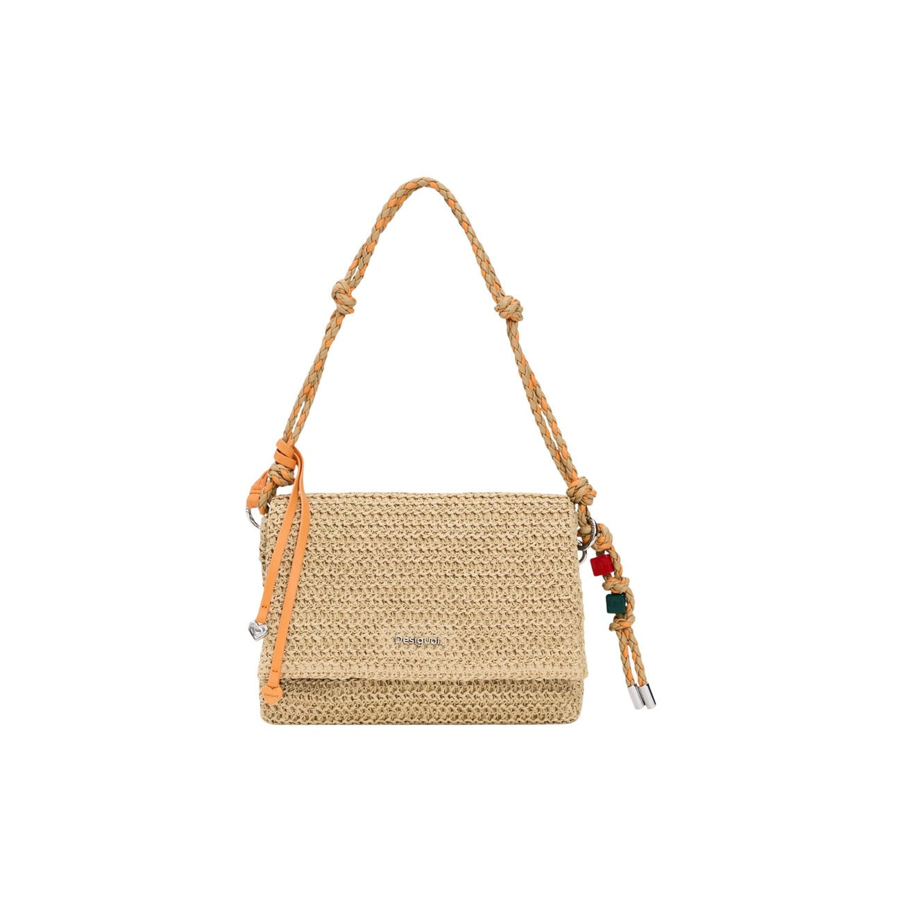 Borsa Desigual Rafia; tracolle intercambiabili, charms con portacarte, chiusura doppia, 100% cotone. Il mix perfetto tra stile artigianale e design contemporaneo. Vista frontale 
