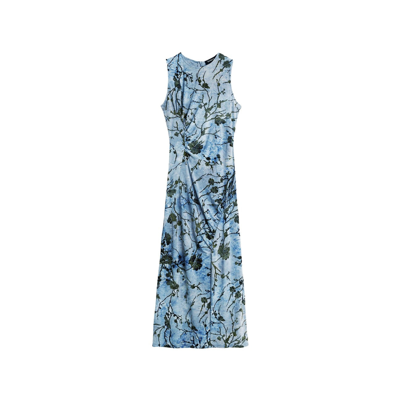 Abito Desigual donna azzurro Cougar REPRIS_VEST_COUGAR. Vestito midi aderente smanicato con scollo halter, maglia floccata a fantasia floreale orientale scura, collezione primavera estate.