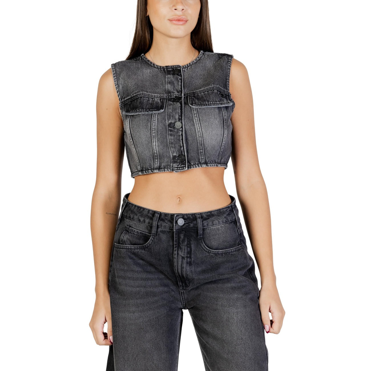 Colcci Top Jeans Donna Nero Bottoni Smanicato Scollo Tondo Cotone 100% Autunno Inverno 050.11.00015