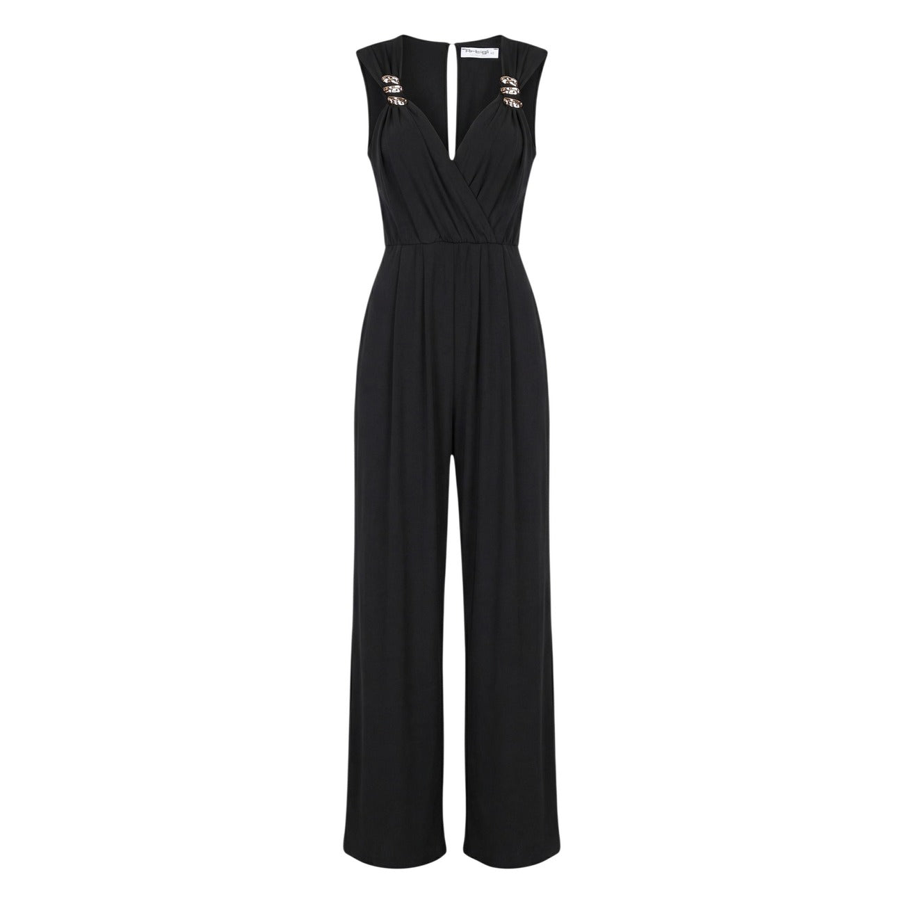 Artigli Jumpsuit ACTU004525; dettagli gioiello, scollo a V, 95% poliestere e 5% elastam. La tuta elegante e confortevole per le tue occasioni speciali. Colore nero. Vista frontale Stesa 