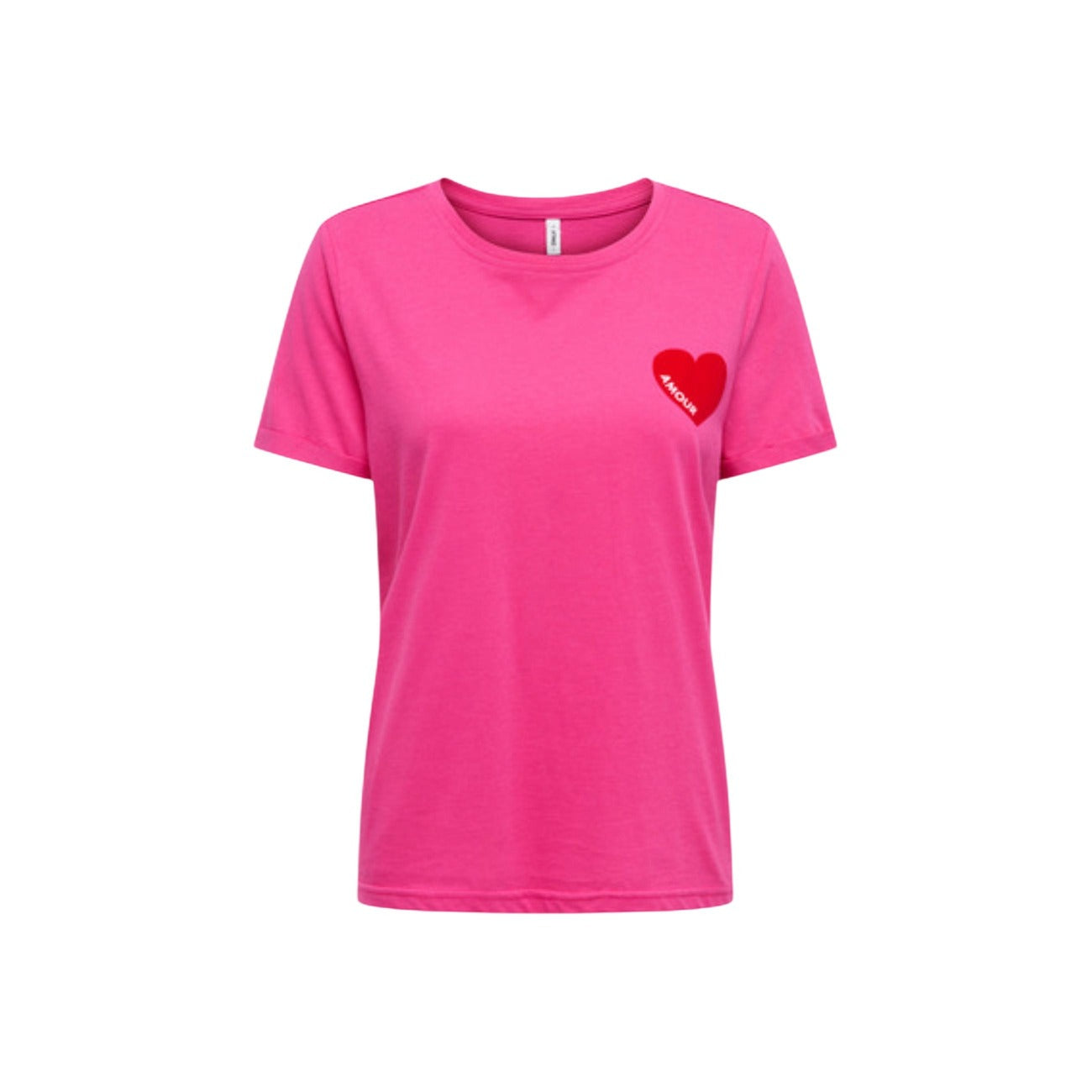 T-shirt fucsia Only Onlvica con cuore rosso in velluto e dettaglio scritta, maniche corte e taglio regolare in puro cotone.