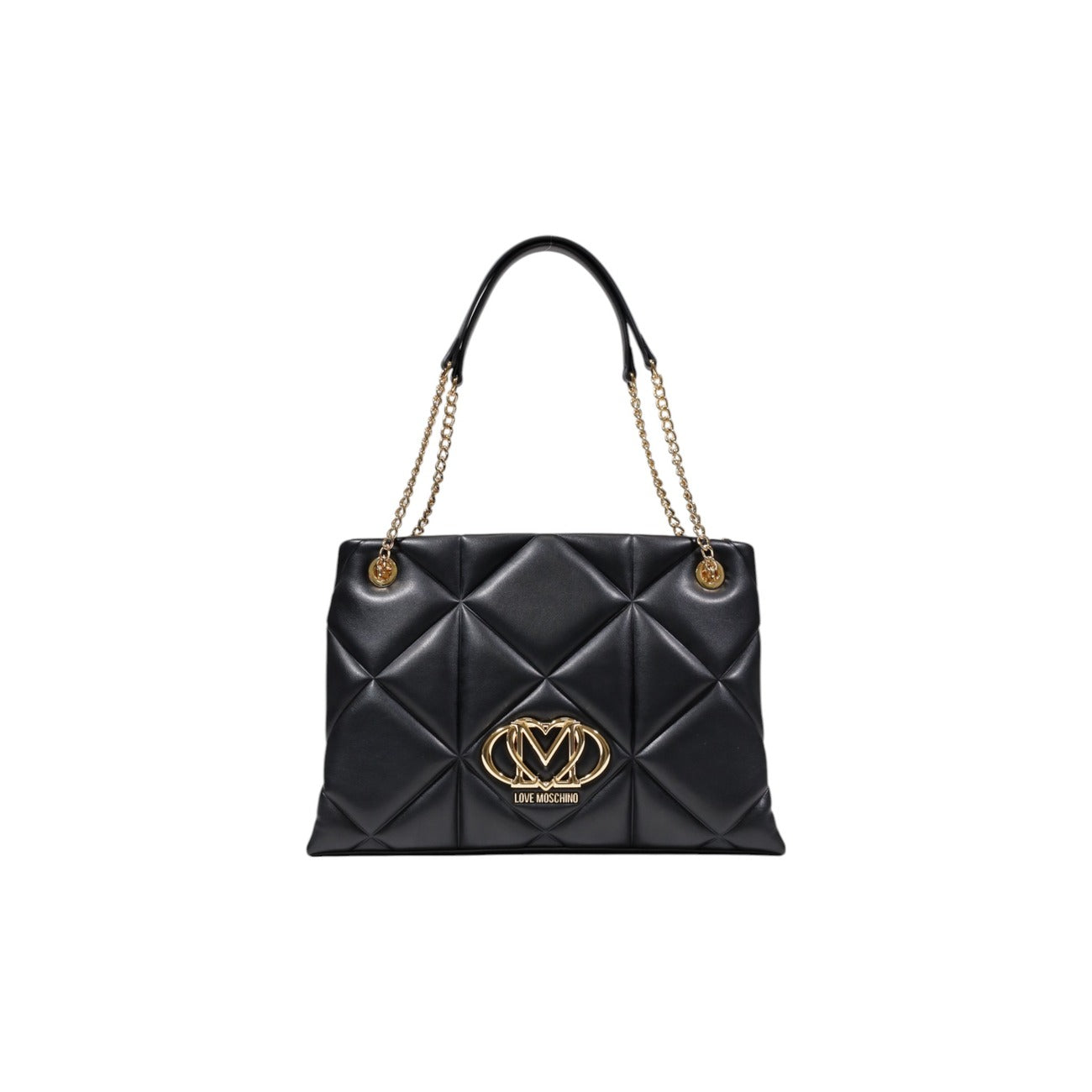 Borsa Love Moschino donna nera a spalla modello JC4040PP1. Borsa grande trapuntata effetto pelle nera con manici a catena oro e cerniera stile casual chic, classico, elegante e da giorno.