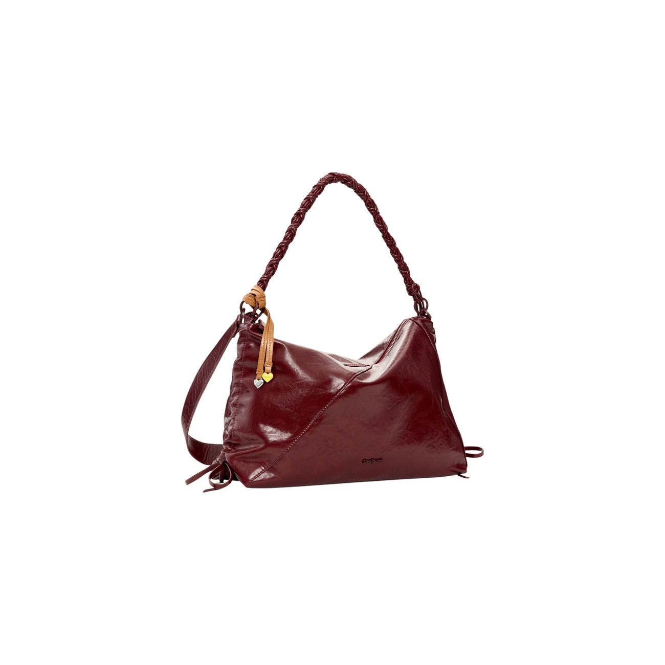 Borsa grande da donna Desigual BAG_RODIO LEIRIA BURGUN in poliestere lucido effetto stropicciato. Colore rosso bordeaux vista frontale laterale 