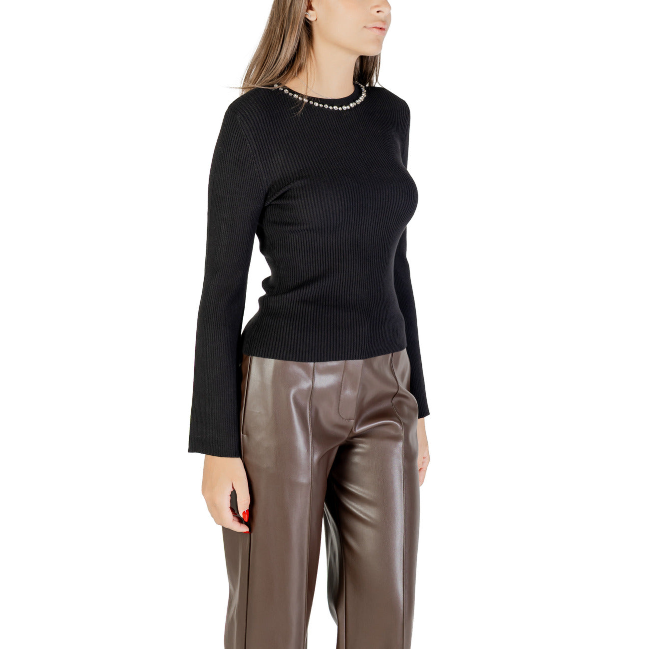 Only Maglia Donna Nera con Strass Maniche Lunghe Scollo Tondo - Maglia Viscosa Nylon