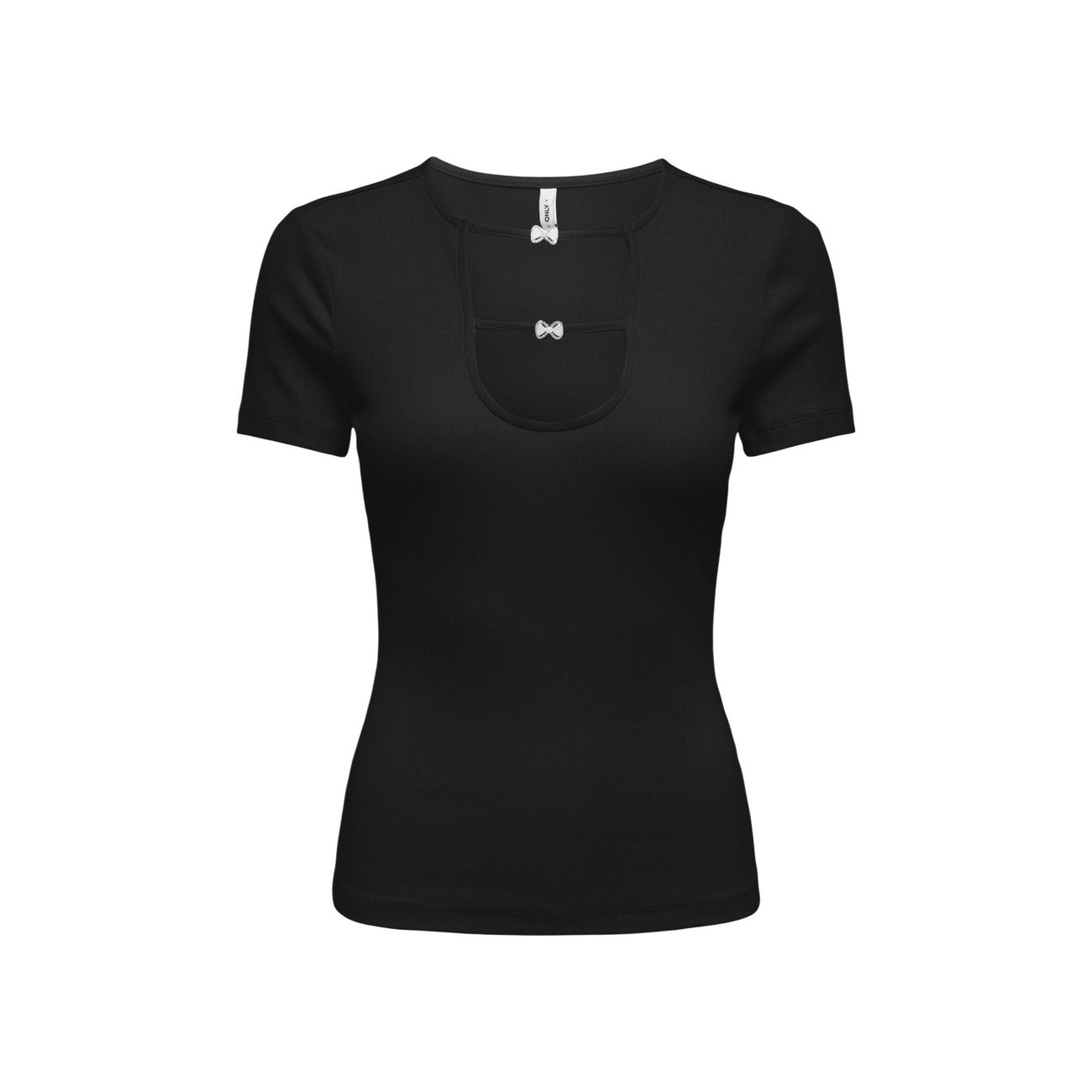 T-shirt nera Only Onlrene con dettaglio cut-out e fiocchi, maniche corte e taglio aderente in cotone organico, ideale per outfit femminili. Vista frontale 