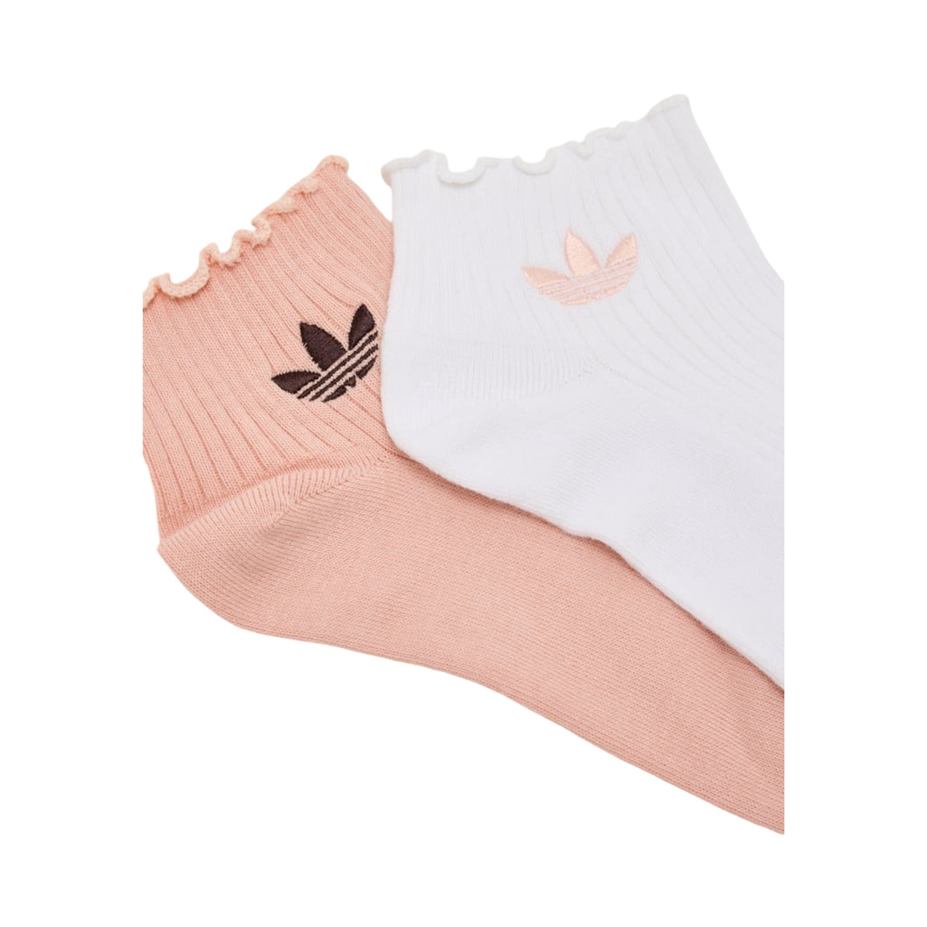 Calzini adidas Donna con Volant (2 Paia); 59% Cotone, 38% Poliestere riciclato. Polsino arricciato, Trifoglio ricamato, lunghezza al quarto. Colore Rosa/Bianco, stile casual e femminile. Dettaglio 