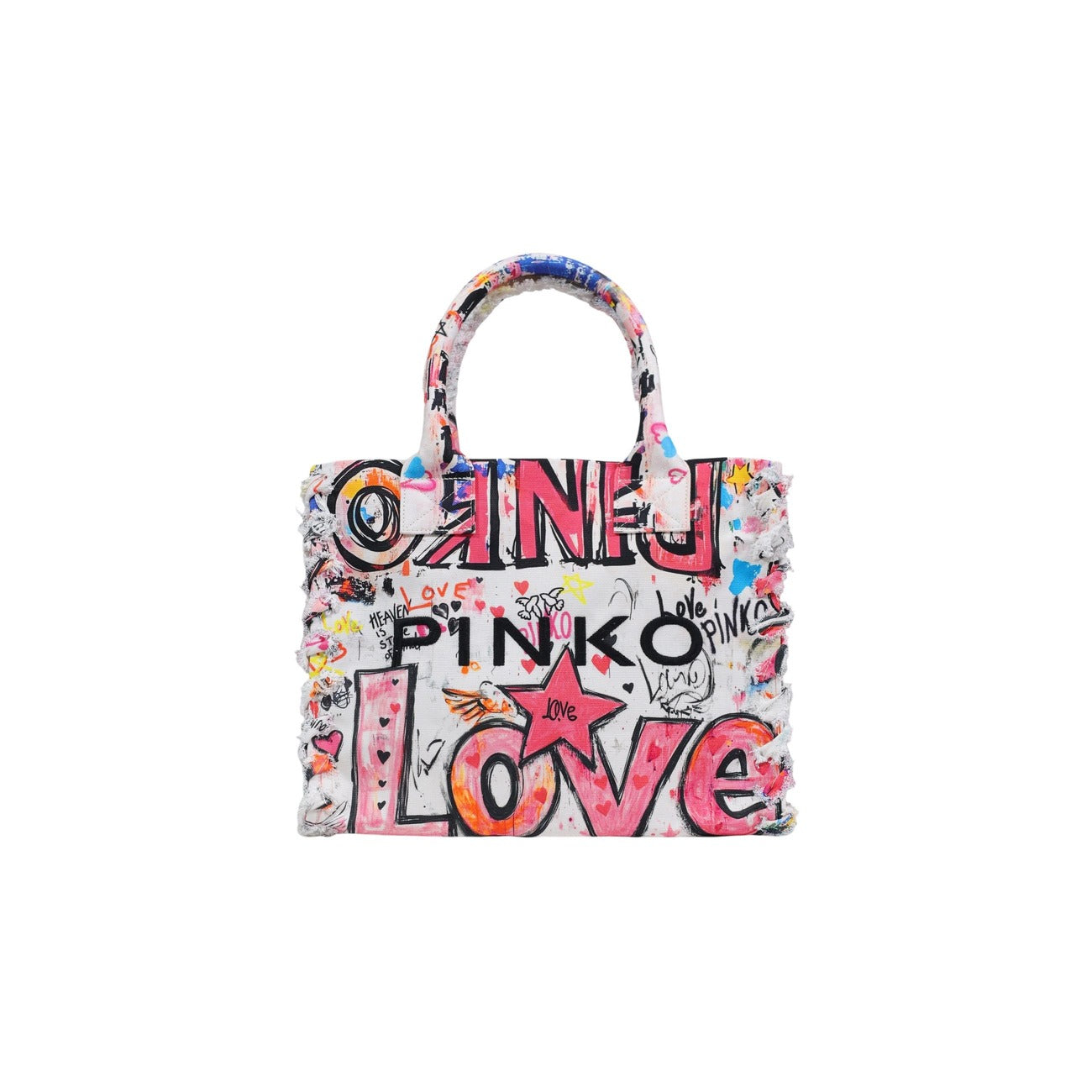 Borsa Shopper Pinko Canvas; 100% cotone, stampa street art, bordi sfrangiati, formato grande. L'accessorio must-have versatile e originale. Vista frontale 