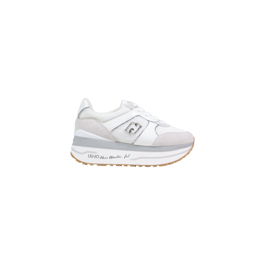 Sneakers Liu Jo Maxi Wonder Plus; Bianco, Mix Ecopelle e Suede. Suola platform 5 cm con logo, soletta morbida, struttura leggera. Versatile e contemporanea, 4 stagioni. Vista laterale 