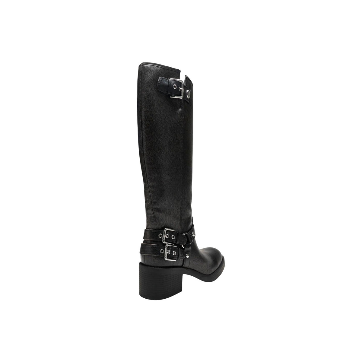 Stivali Guess donna neri FLTMAT LEA11 Matley. Stivali stile biker al polpaccio in pelle sintetica martellata, con cinturini e fibbie alla caviglia e sul gambale, tacco comodo 5 cm e cerniera laterale.